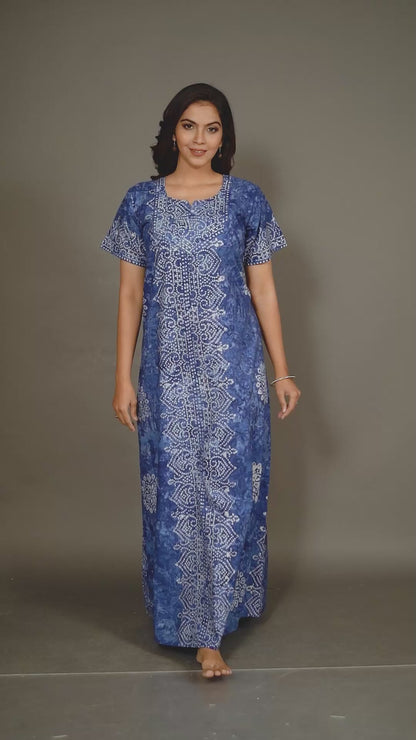 NG113 - Blue Bandhani, Hand Dyed Batik, 100% Cotton Night Gown