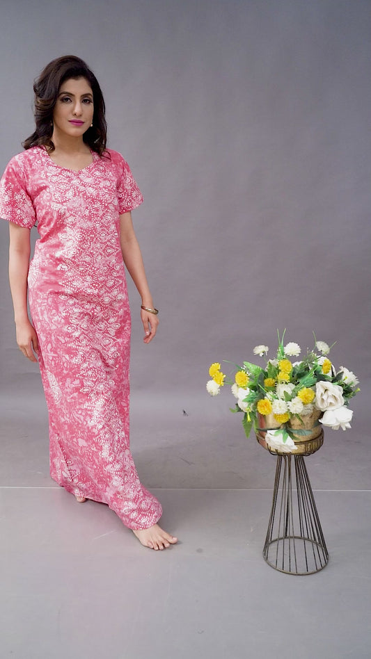 NG111 - Pink Bandhani, Hand Dyed Batik, 100% Cotton Night Gown