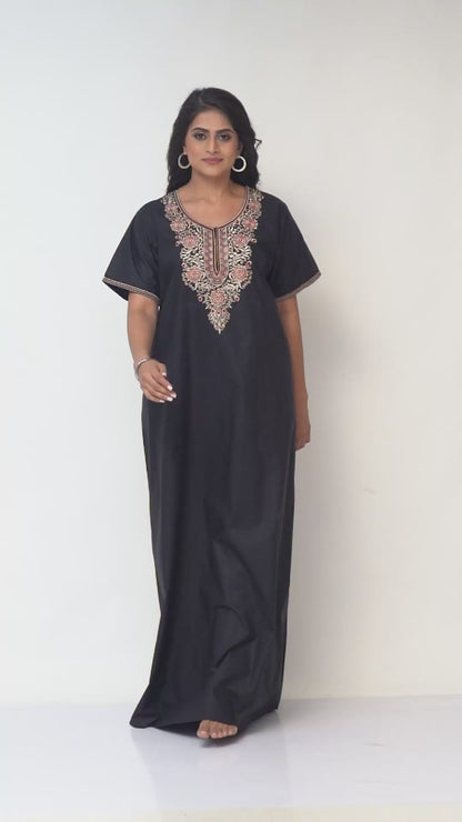 NGE502 - Black with Big Red Flower Design, Embroidered, 100% Cotton Night Gown