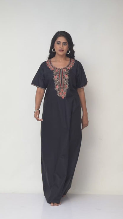 NGE501 - Black with Red Flower Design, Embroidered, 100% Cotton Night Gown