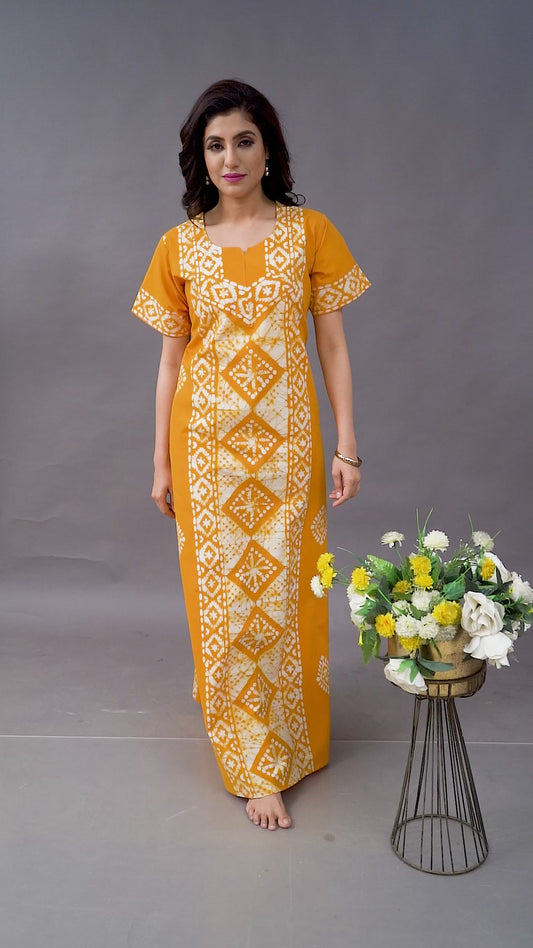 NG084 - Yellow Diamond Design, Hand Dyed Batik, 100% Cotton Night Gown.