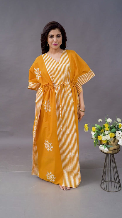 K014 - Stripe Yellow, Hand Dyed Batik, 100% Cotton Kaftan
