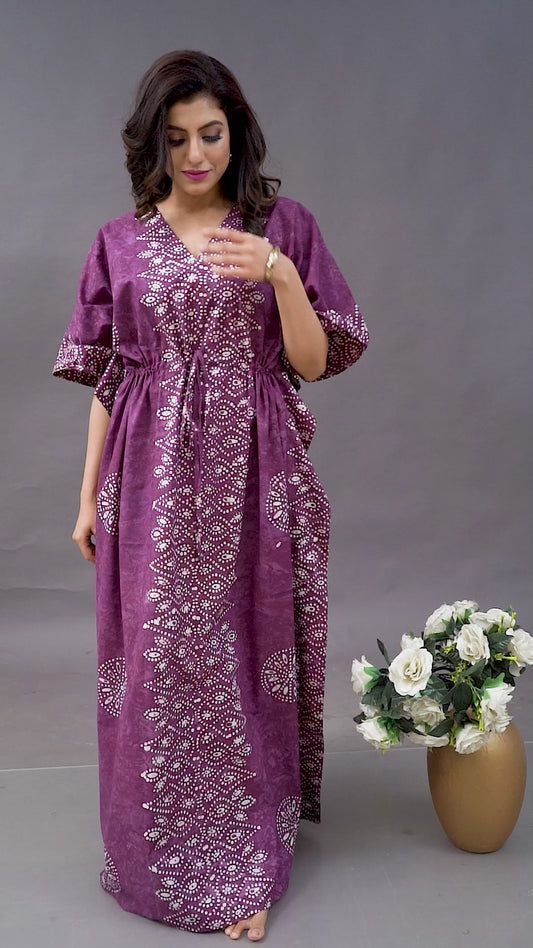 K110 - Wine Bandhani, Hand Dyed Batik, 100% Cotton Kaftan.
