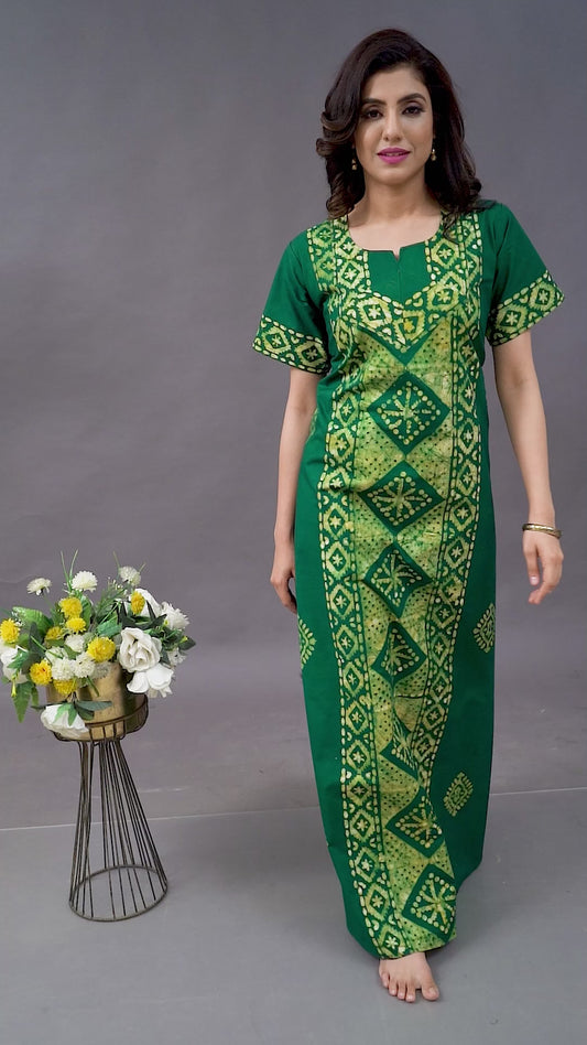 NG083 - Green Diamond Design, Hand Dyed Batik, 100% Cotton Night Gown.