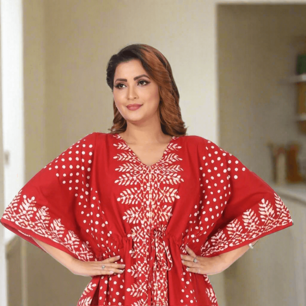 K004 - Red Dotted, Hand Dyed Batik, 100% Cotton Kaftan. - thekaftanshop.com
