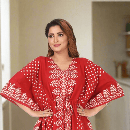 K004 - Red Dotted, Hand Dyed Batik, 100% Cotton Kaftan. - thekaftanshop.com