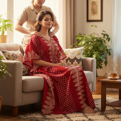 Red Dotted, Hand Dyed Batik, 100% Cotton Kaftan - K004