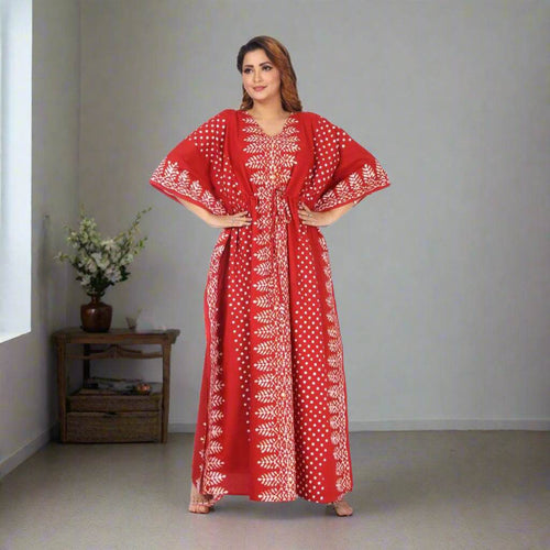 Red Dotted, Hand Dyed Batik, 100% Cotton Kaftan - K004