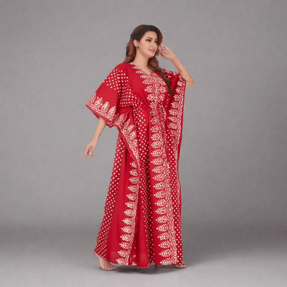 K004 - Red Dotted, Hand Dyed Batik, 100% Cotton Kaftan. - thekaftanshop.com
