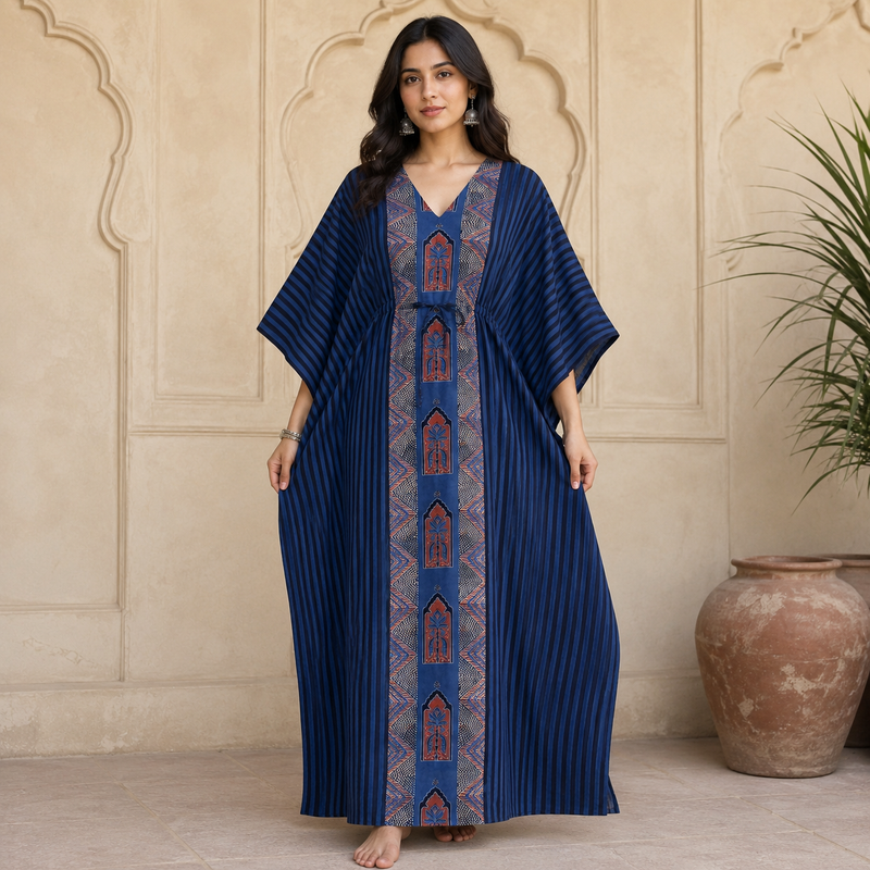KA3002 – Exclusive Hand Block Ajrak Cotton Kaftan