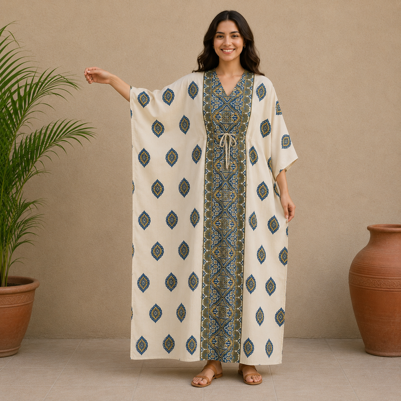KA3010 – Exclusive Hand Block Ajrak Cotton Kaftan