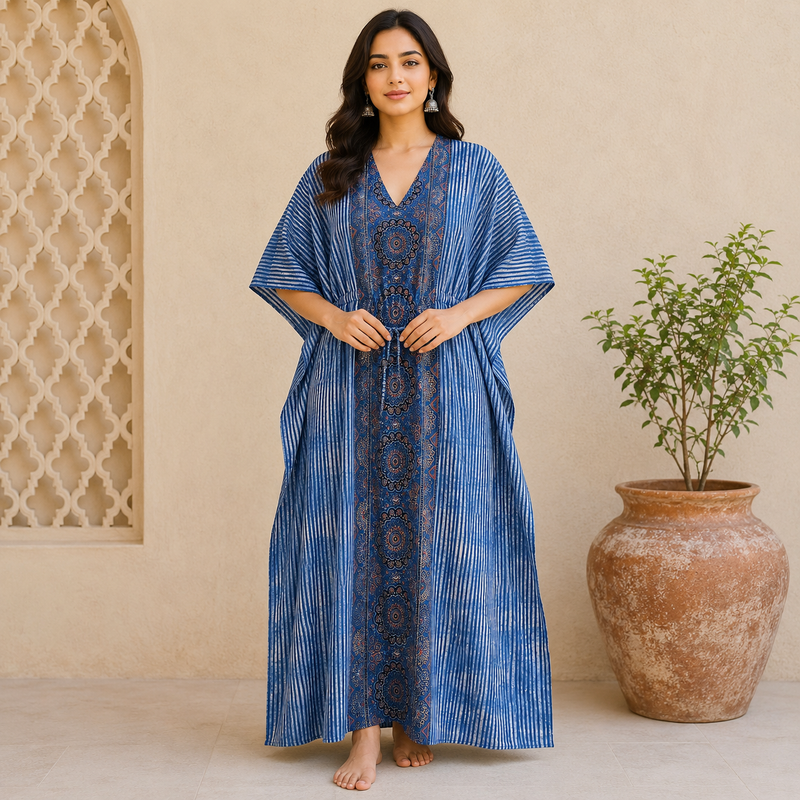 KA3004 – Exclusive Hand Block Ajrak Cotton Kaftan - image 2
