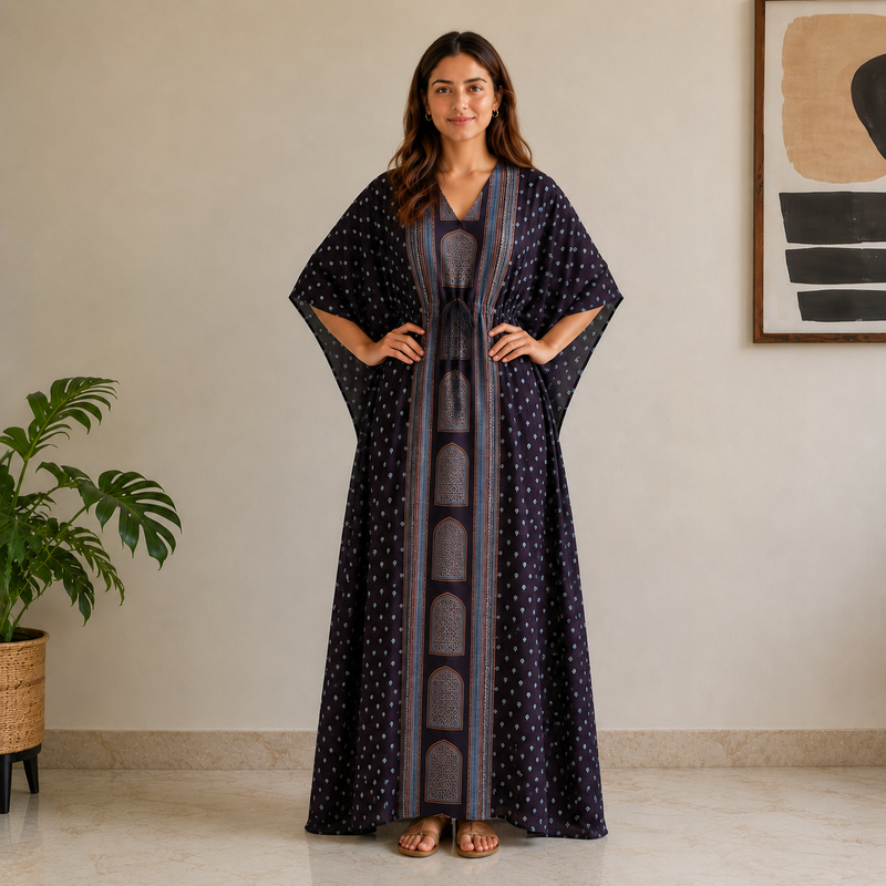 KA3007 – Exclusive Hand Block Ajrak Cotton Kaftan