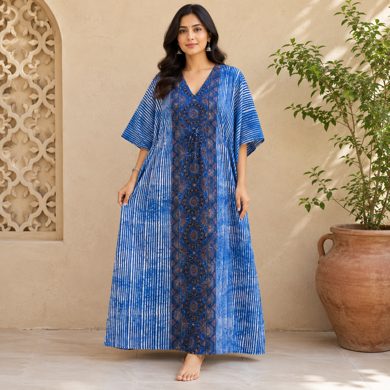 KA3004 – Exclusive Hand Block Ajrak Cotton Kaftan