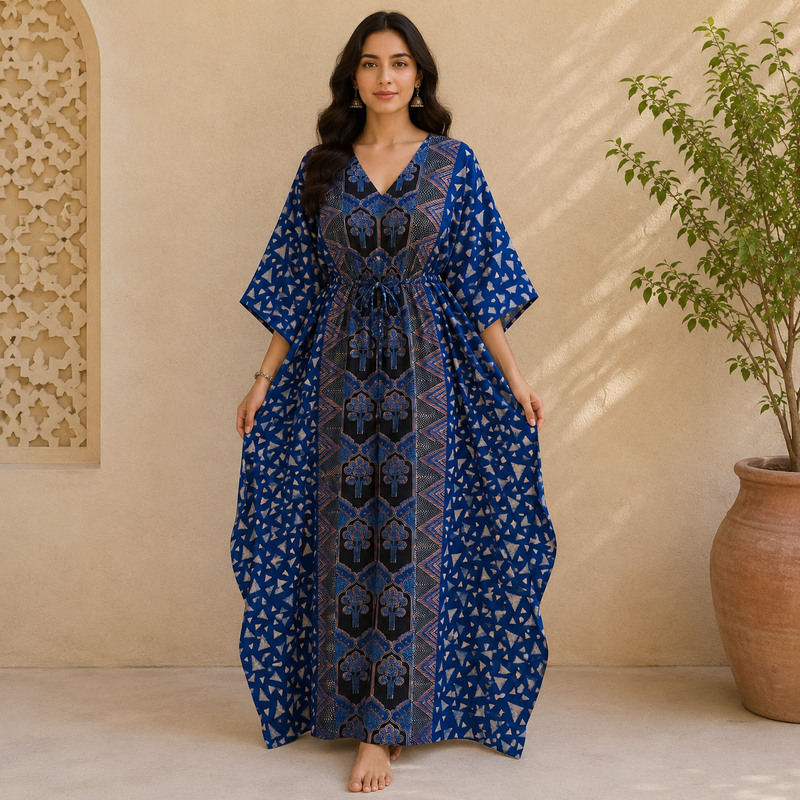 KA3006 – Exclusive Hand Block Ajrak Cotton Kaftan