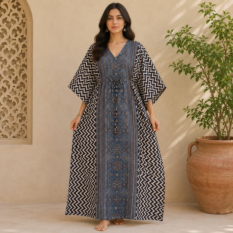 KA3005 – Exclusive Hand Block Ajrak Cotton Kaftan