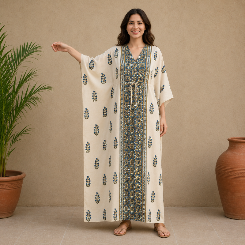 KA3009 – Exclusive Hand Block Ajrak Cotton Kaftan