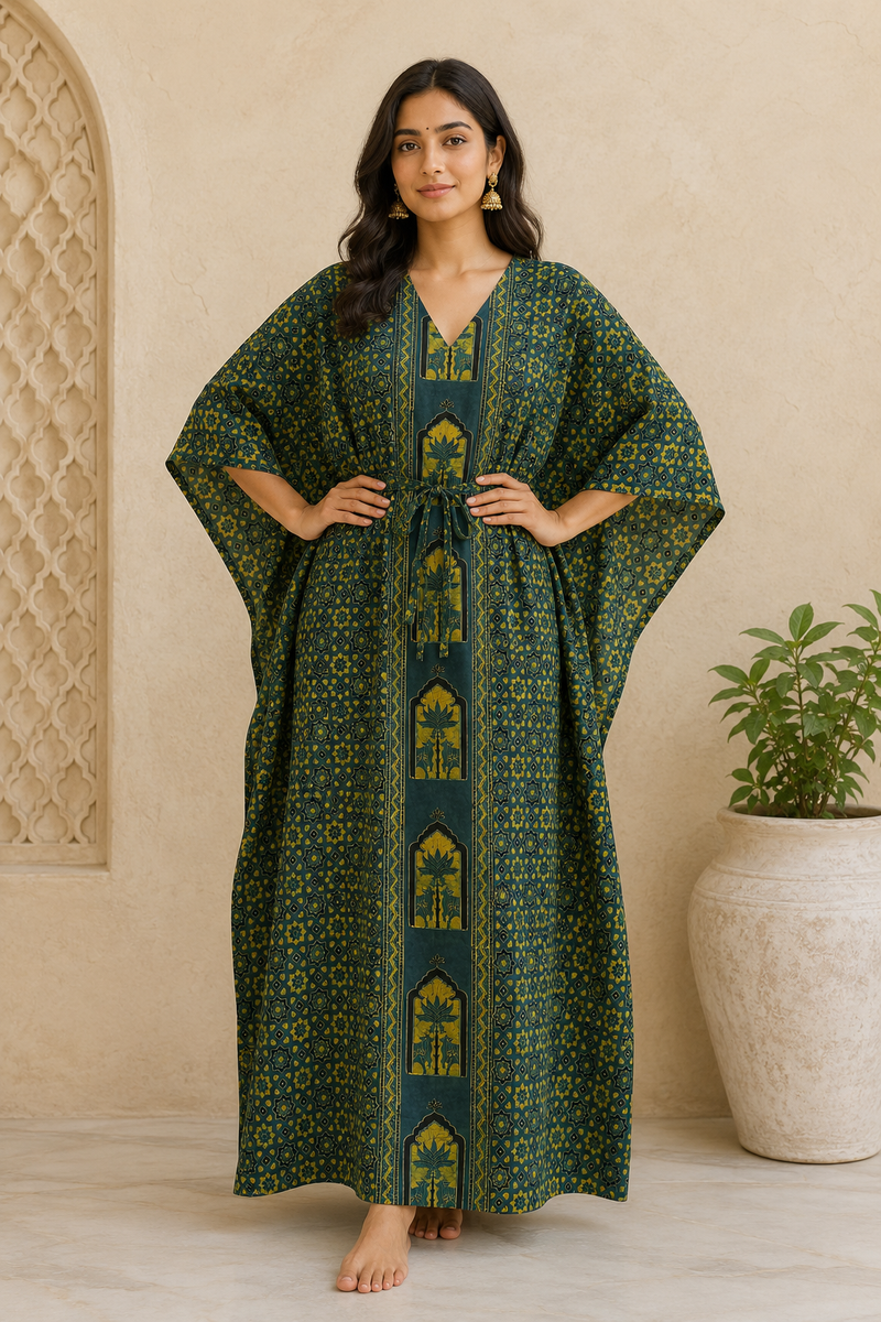 KA3001 – Exclusive Hand Block Ajrak Cotton Kaftan