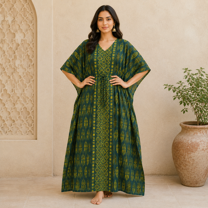 KA3003 – Exclusive Hand Block Ajrak Cotton Kaftan