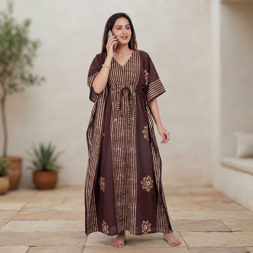 Stripe Brown, Hand Dyed Batik, 100% Cotton Kaftan - K012