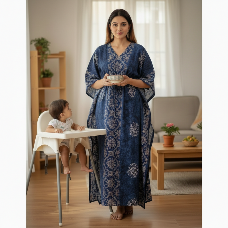 Blue Flowers, Hand Dyed Batik, 100% Cotton Kaftan - K036
