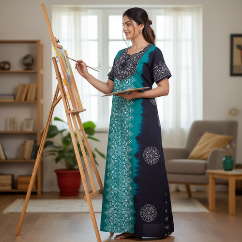 Green & Black Shaded, Hand Dyed Batik, 100% Cotton Night Gown - NG040