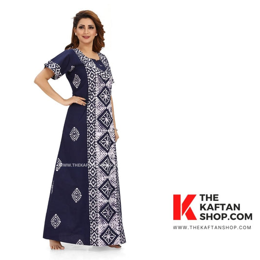 Hand-Dyed Blue Diamond Batik Night Gown - 100% Cotton | The Kaftan Shop