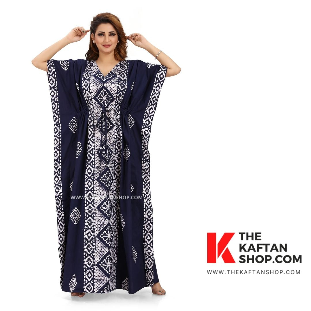 Blue Diamond Design Hand Dyed Batik Cotton Kaftan | The Kaftan Shop