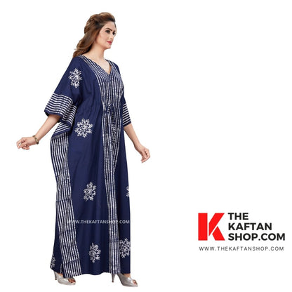 Stripe Navy Blue Batik Tie-up Cotton Kaftan - The Kaftan Shop