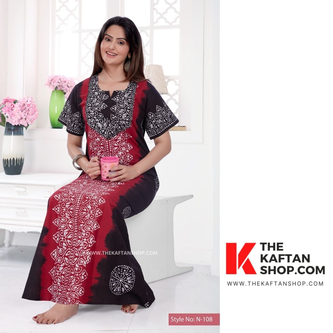 Red and Black Shaded Hand-Dyed Batik 100% Cotton Night Gown | The Kaftan Shop