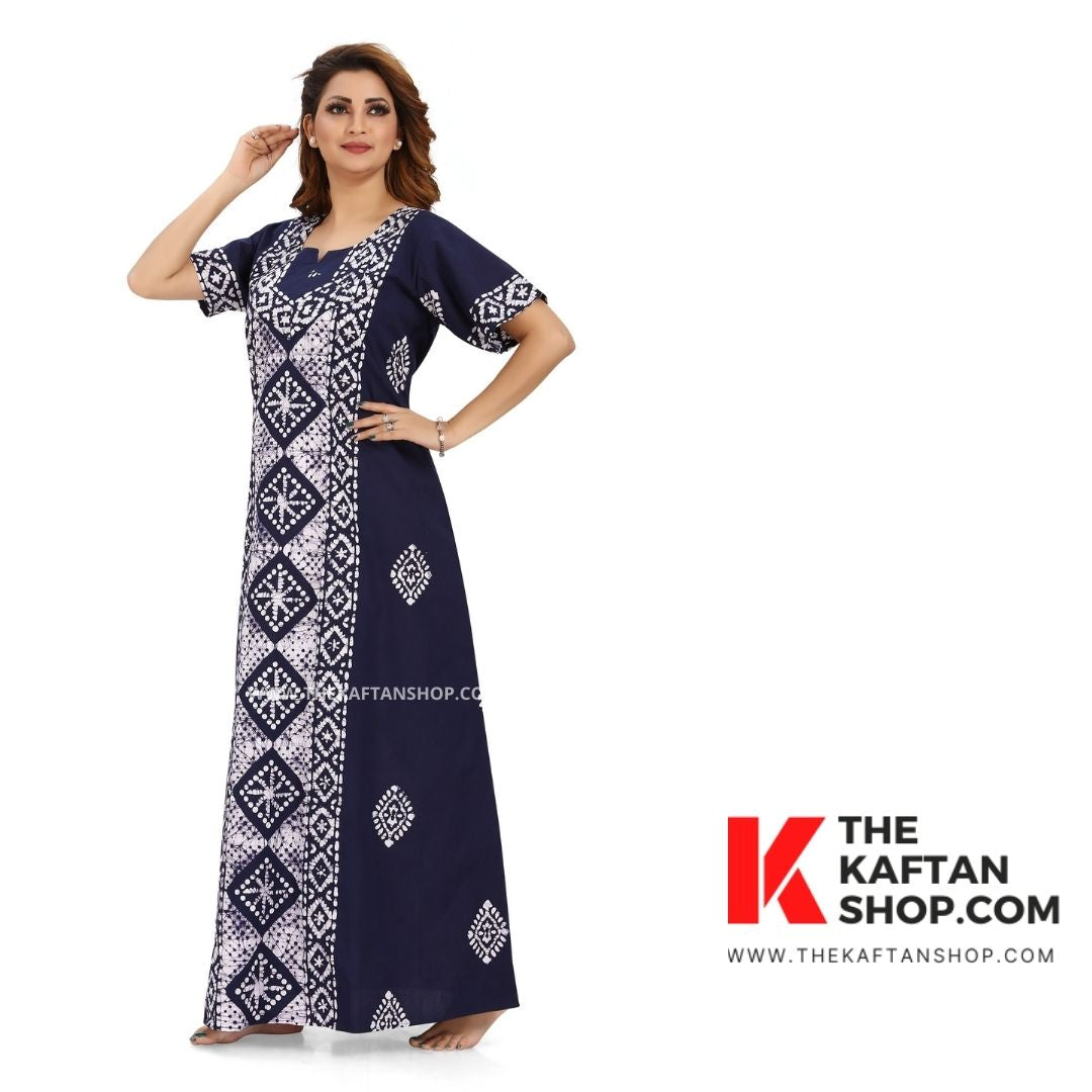 100% Cotton Blue Diamond Batik Night Gown - The Kaftan Shop