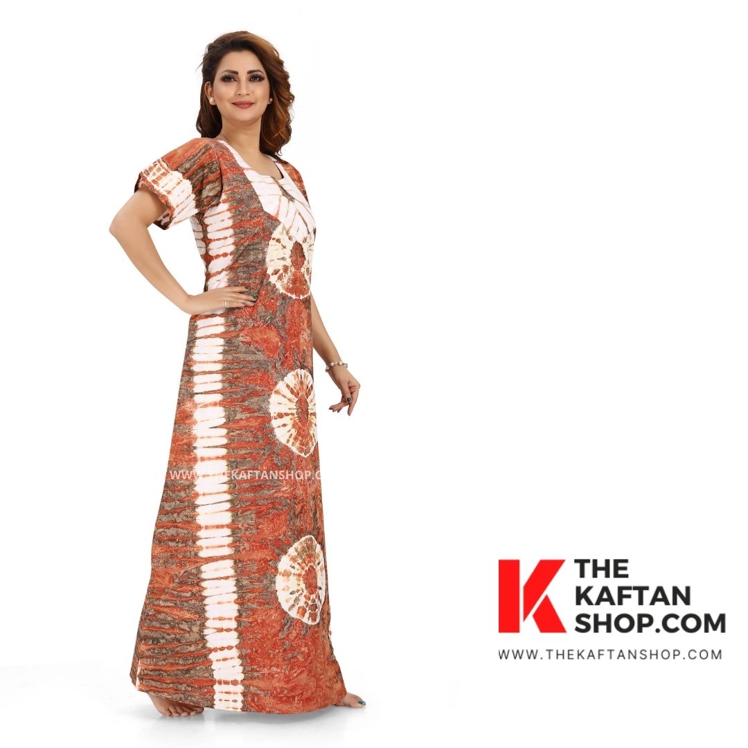 Brown Round Tie-Dye Hand Dyed Batik Cotton Night Gown - The Kaftan Shop