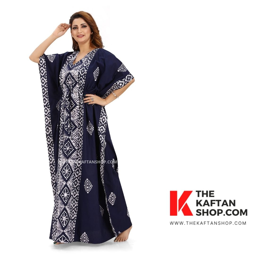 Blue Diamond Design Hand Dyed Batik 100% Cotton Kaftan - The Kaftan Shop