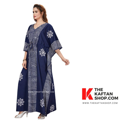 Stripe Navy Blue Hand Dyed Batik Tie-up 100% Cotton Kaftan - The Kaftan Shop