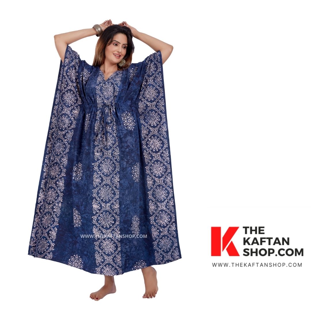 Aqua Blue Hand-Dyed Batik Tie-Up 100% Cotton Kaftan - The Kaftan Shop