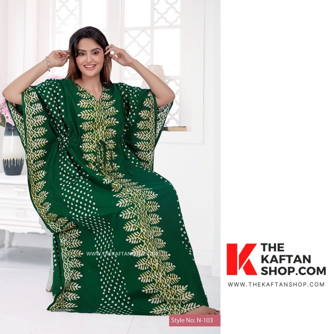 Green Dotted Hand Dyed Batik Kaftan | 100% Cotton | Thekaftanshop