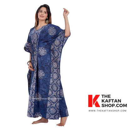 Aqua Blue Hand-Dyed Batik Tie-Up 100% Cotton Kaftan - The Kaftan Shop