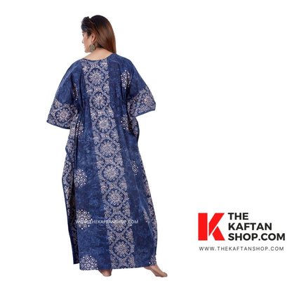 Aqua Blue Hand-Dyed Batik Tie-Up Cotton Kaftan - The Kaftan Shop