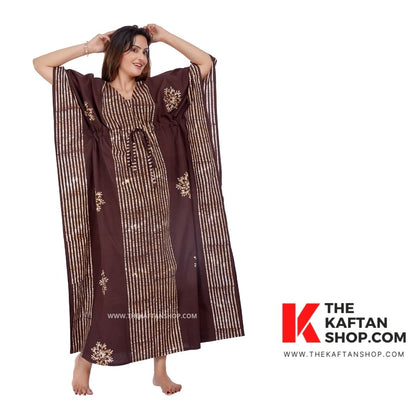 Coffee Brown Hand Dyed Batik Tie-Up Cotton Kaftan | The Kaftan Shop