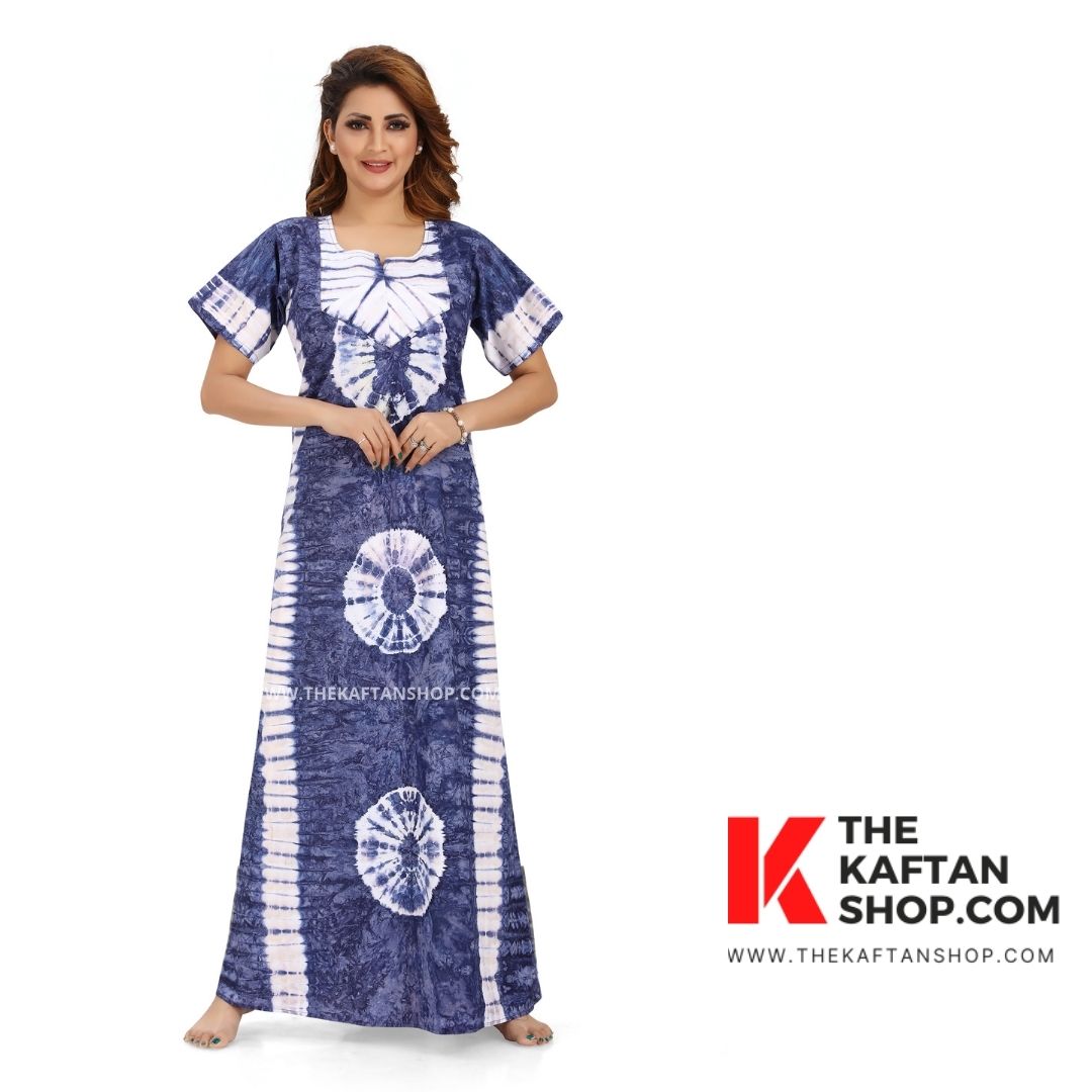 Blue Round Tie-Dye Hand Dyed Batik Cotton Night Gown - The Kaftan Shop