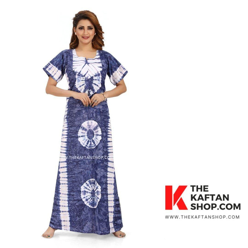 Blue Round Tie-Dye, Hand Dyed Batik, 100% Cotton Night Gown - NG091