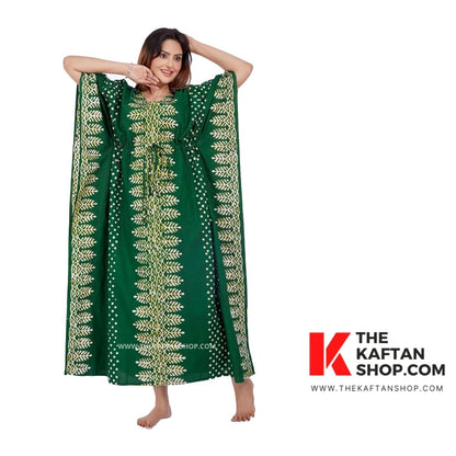 Green Dotted Hand Dyed Batik Cotton Kaftan | Thekaftanshop.com