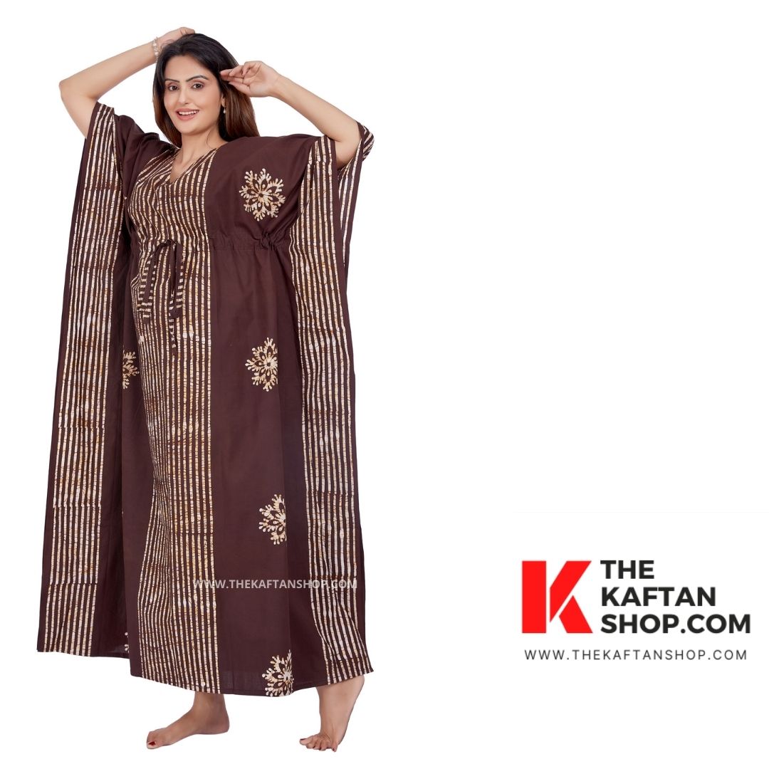 Coffee Brown Hand-Dyed Batik Tie-Up 100% Cotton Kaftan - The Kaftan Shop