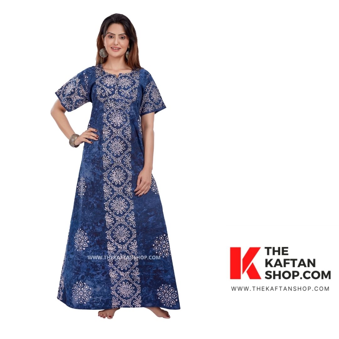 Hand-Dyed Aqua Blue Batik Cotton Night Gown for Women- The Kaftan Shop