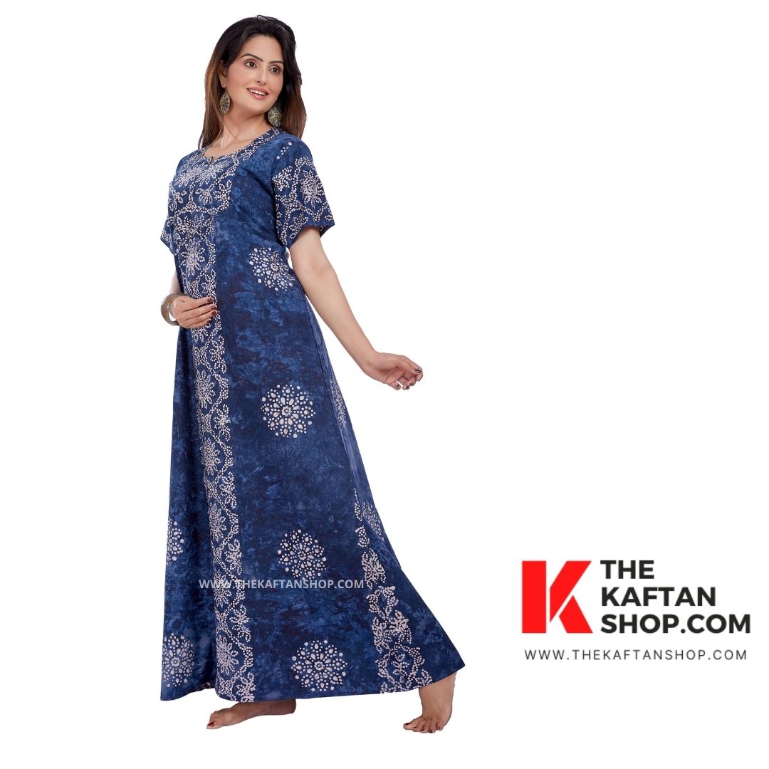 Blue Flowers Hand-Dyed Batik 100% Cotton Night Gown - The Kaftan Shop