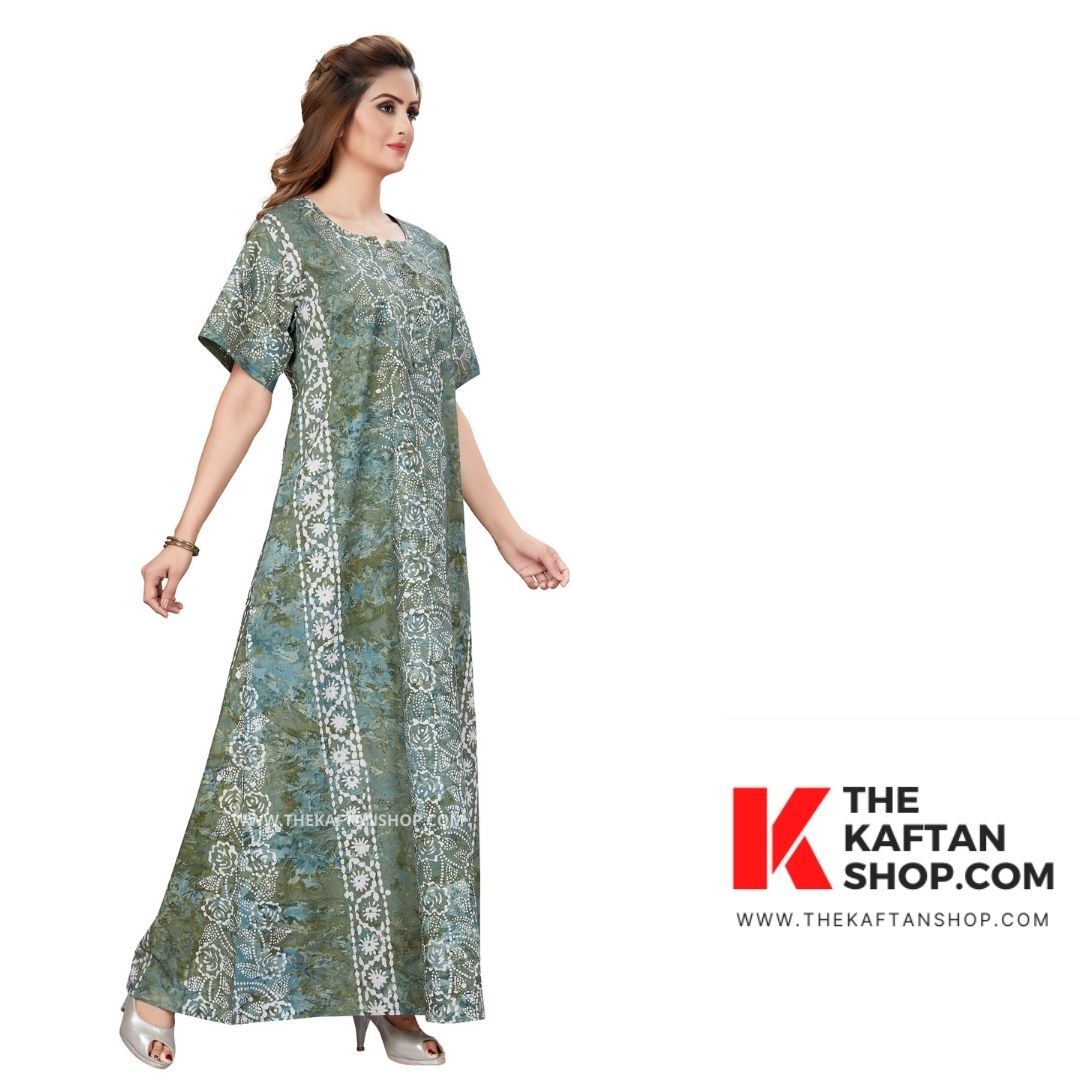 Leaf Green Hand Dyed Batik Cotton Night Gown - The Kaftan Shop