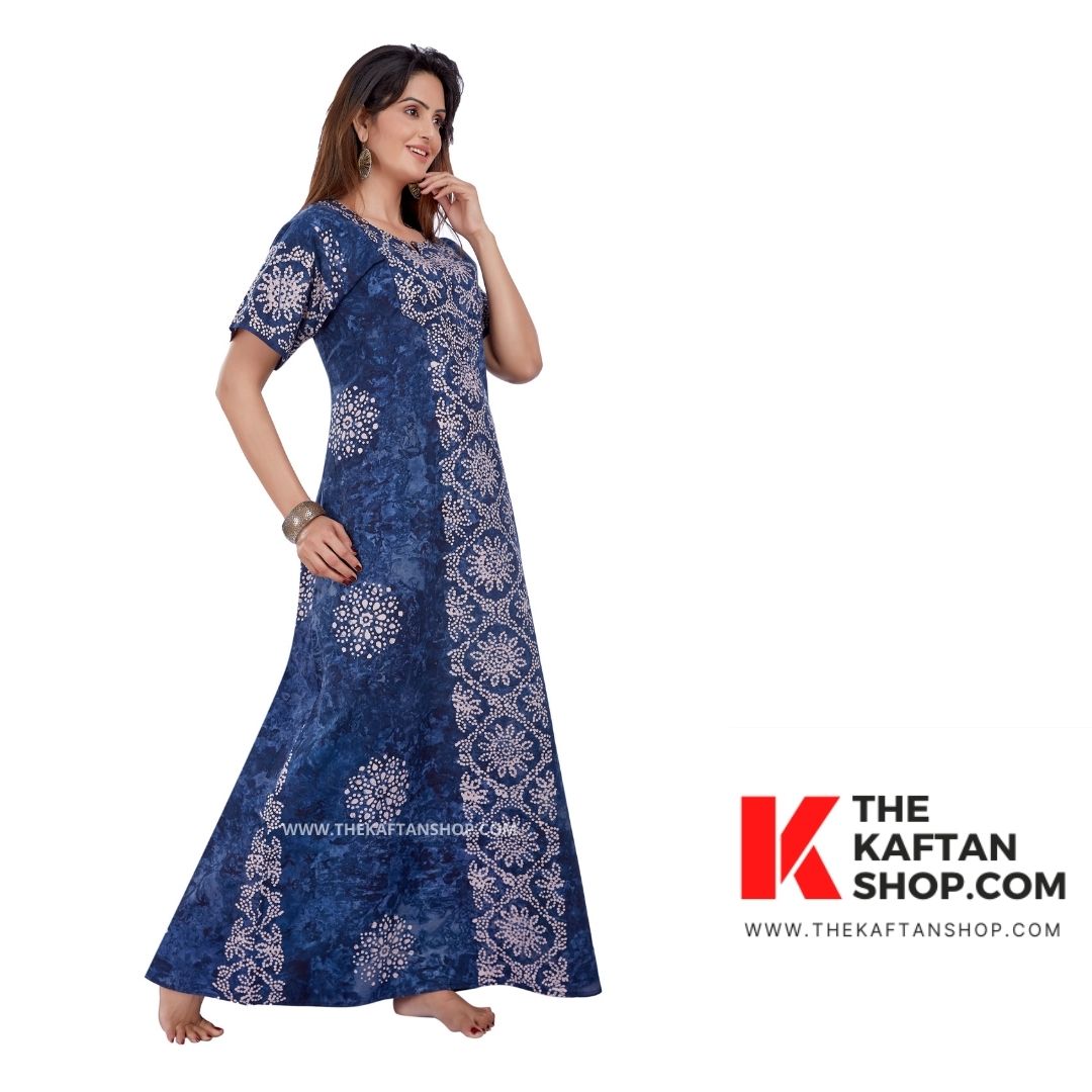 Blue Flowers Hand-Dyed Batik 100% Cotton Night Gown | The Kaftan Shop