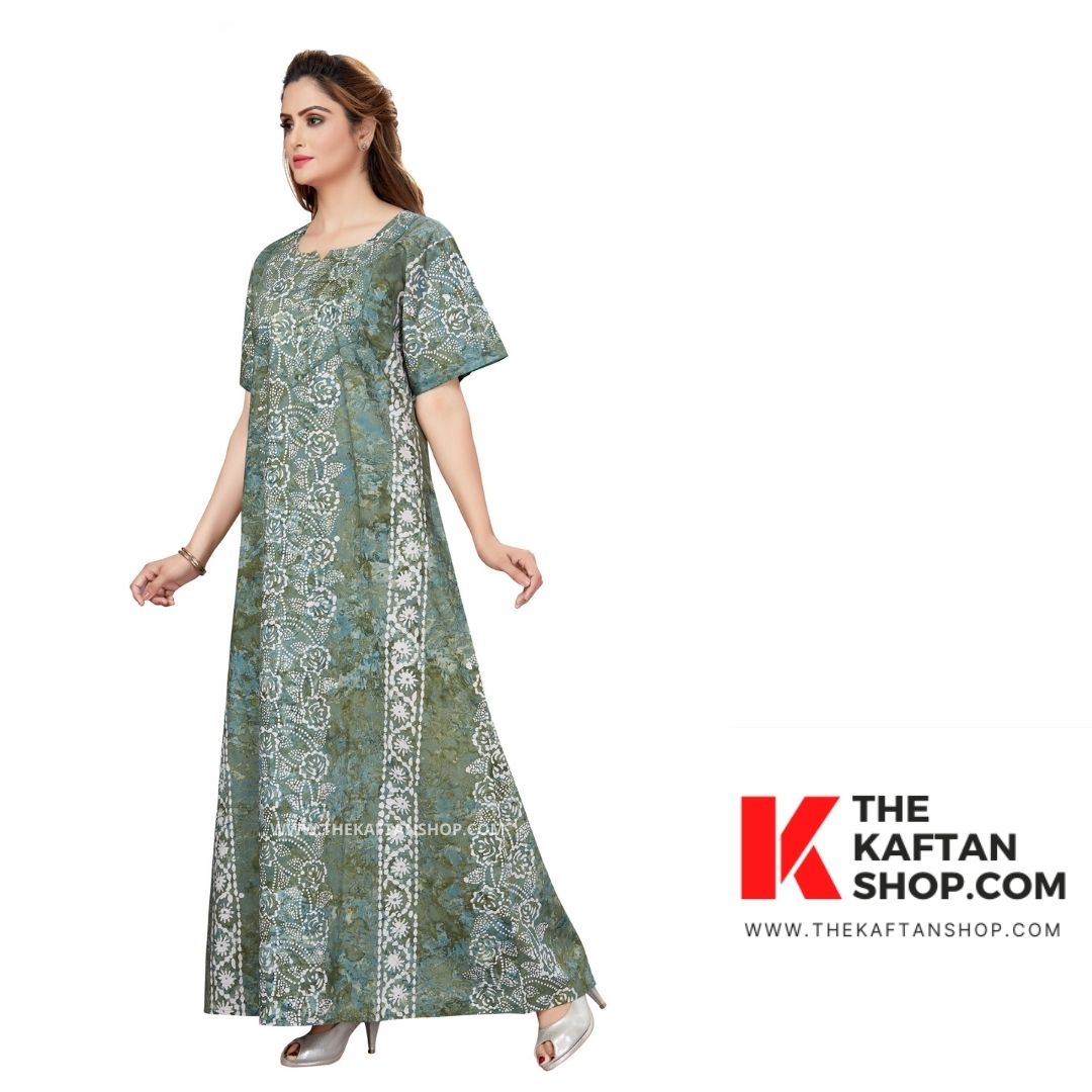 Leaf Green Flowers, Hand Dyed Batik Cotton Night Gown - TheKaftanShop.com