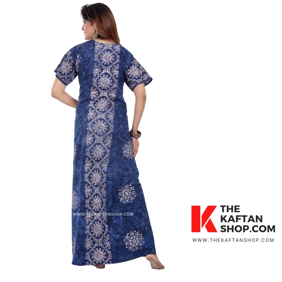 Blue Flowers Hand-Dyed Batik 100% Cotton Night Gown - The Kaftan Shop