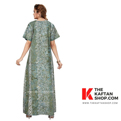 Hand Dyed Batik Cotton Night Gown - Leaf Green Flowers | TheKaftanShop.com